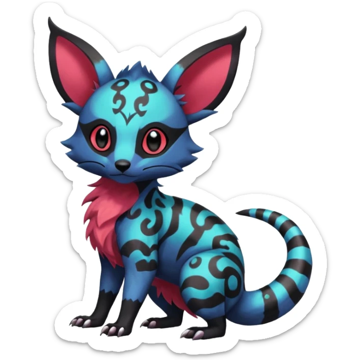 Rare exotic cute epic aesthetic gothic colorful Salandit-Eevee-Civet-species-Fakemon-hybrid-creature, with markings, full body sticker