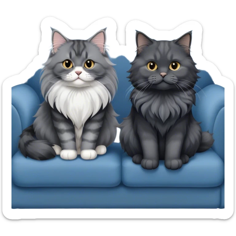 A large black smoke Maine Coon cat with long grey ear tufts and a fluffy grey ruff, sitting next to a chubby British Shorthair cat in blue color with plush fur, both sitting comfortably on a sofa. Beautiful room background with flowers and soft lighting. Transparent background. sticker
