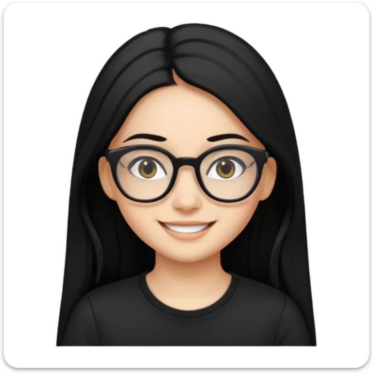 Uzun Siyah, uçları çok hafif sarı düz saçlı , gözlüklü, eyelinerli siyah tişörtlü gülümseyen bir kız emojisi yap sticker