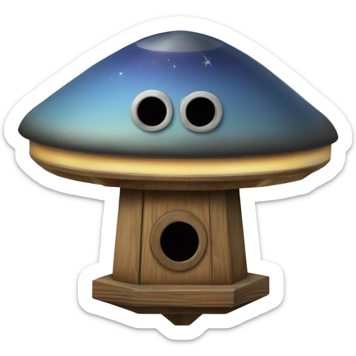 Susan’s Painted wooden flattened UFO alien spaceship shaped birdhouse sticker