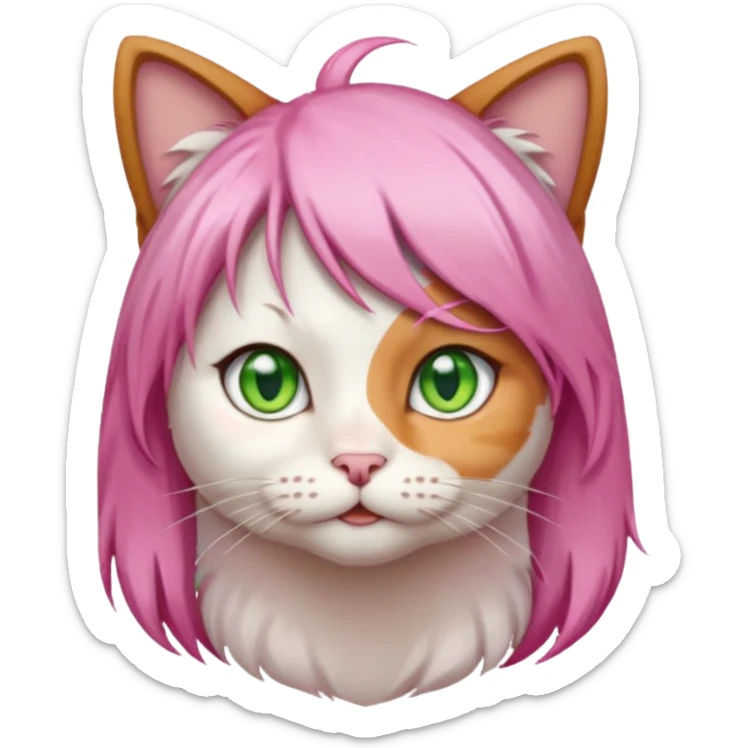 calico cat wear pink hair wig, white T-shirt sticker