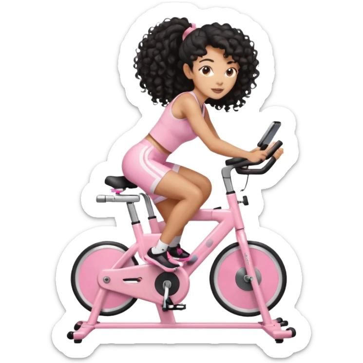 Mixed-race athletic woman with caramel skin, long black curly hair in a high ponytail, riding a pastel pink stationary bike sticker
