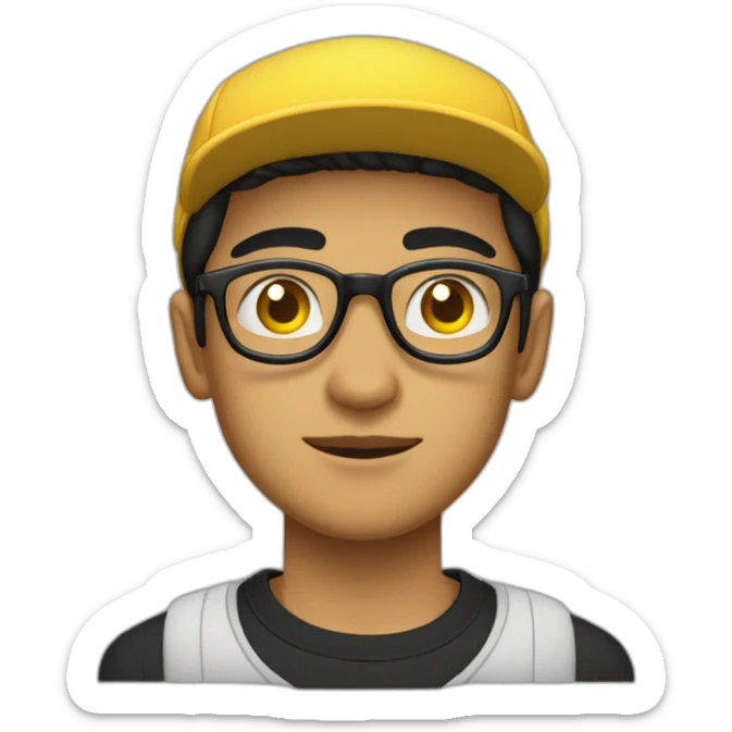 a light skin Pakistani teenager, wearing round glasses, short moustache, black hair, black jumper/sweater, structured manly face, yellow brimless cap sticker