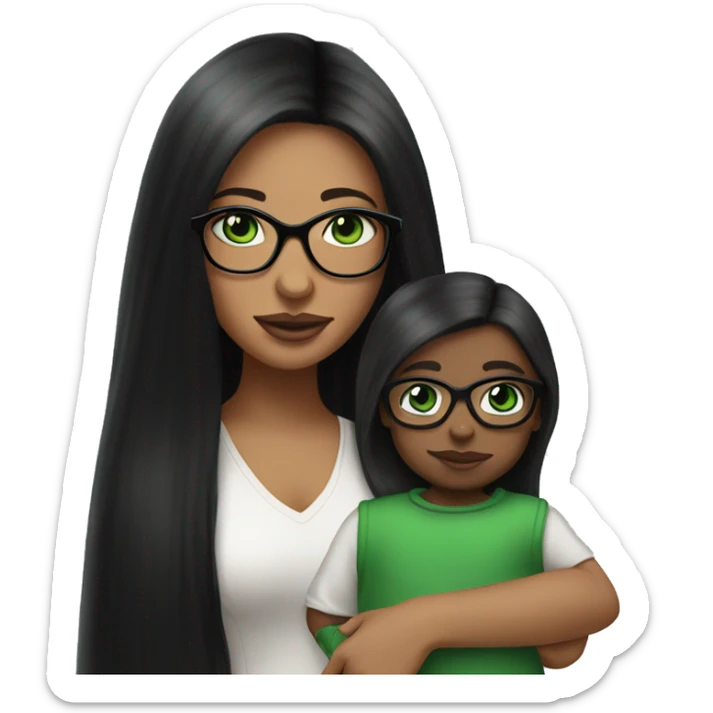 Black long straight hair with green eyes and glasses, big lips white girl holding one year old green eyes white baby boy sticker