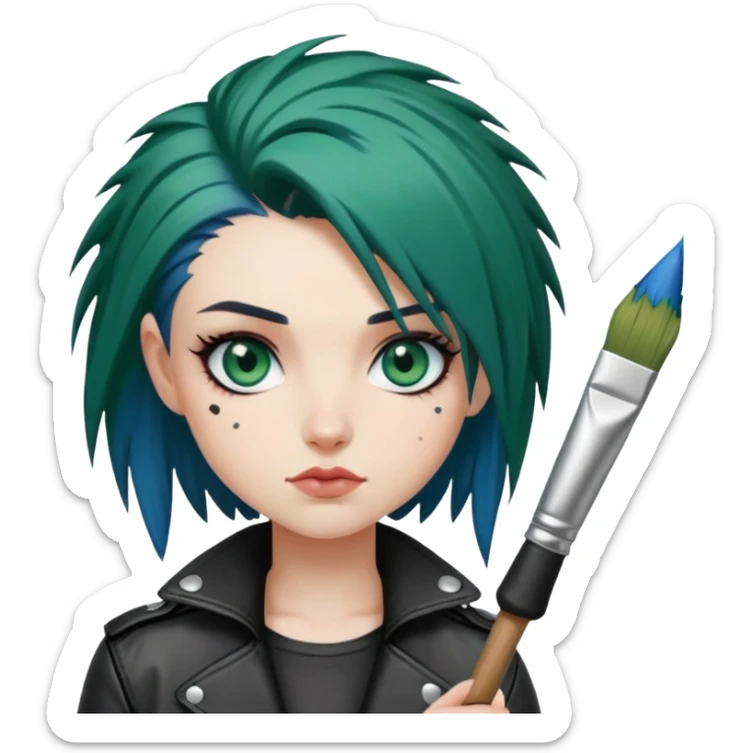 Punk-girl with dark green hair and blue eyes in leather jacket with brush  sticker
