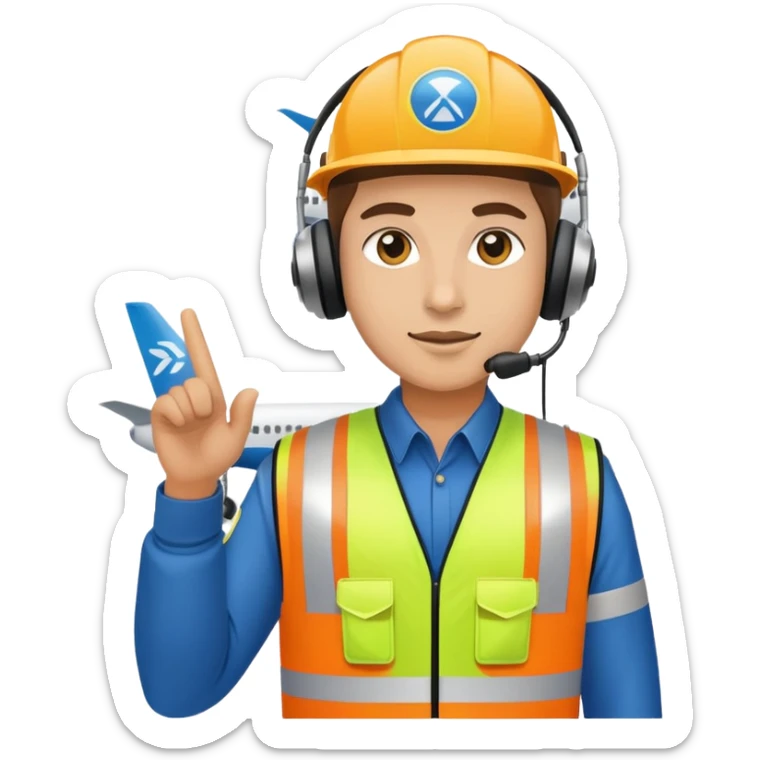 ramp agent at airport wearing reflective vest and headphones, directing aircraft sticker