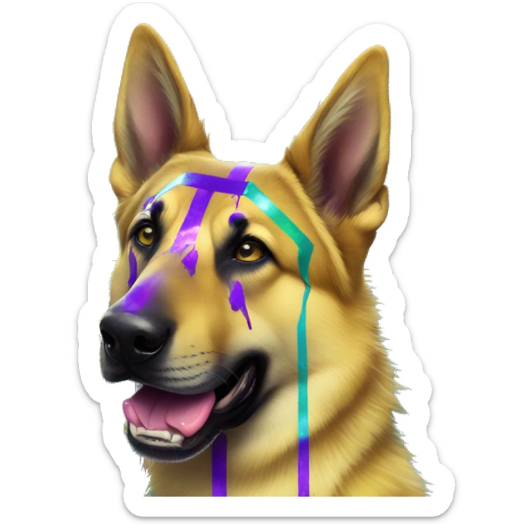 .Zombie_ Vaporwave black holographic oilslick zombie yellow German shepherd dog yellow caution tape graffiti stripes iridescent blue purple yellow stripes sticker