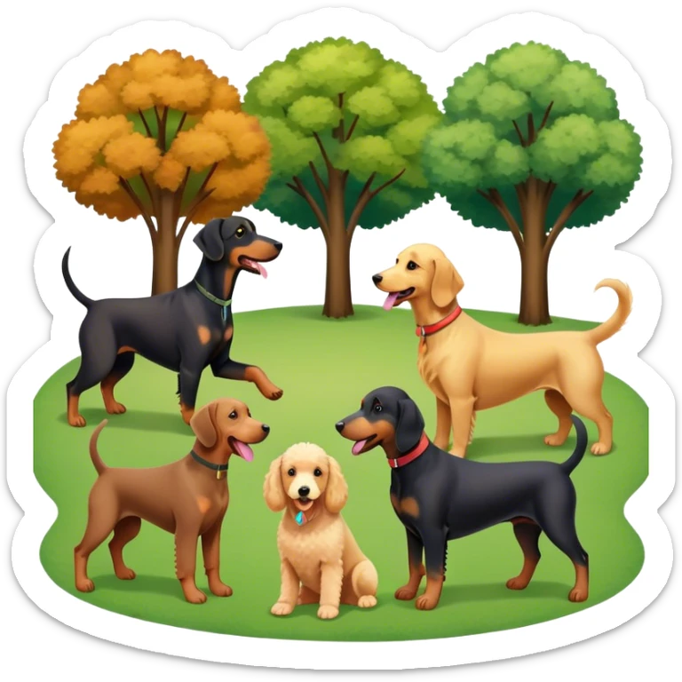 Collage of various dog breeds like Doberman, Poodle, Dachshund, and Golden Retriever, playing in a park with trees and grass. Some dogs run, others sit, all are full of energy and happiness. A joyful, colorful scene with playful expressions. Transparent background. sticker