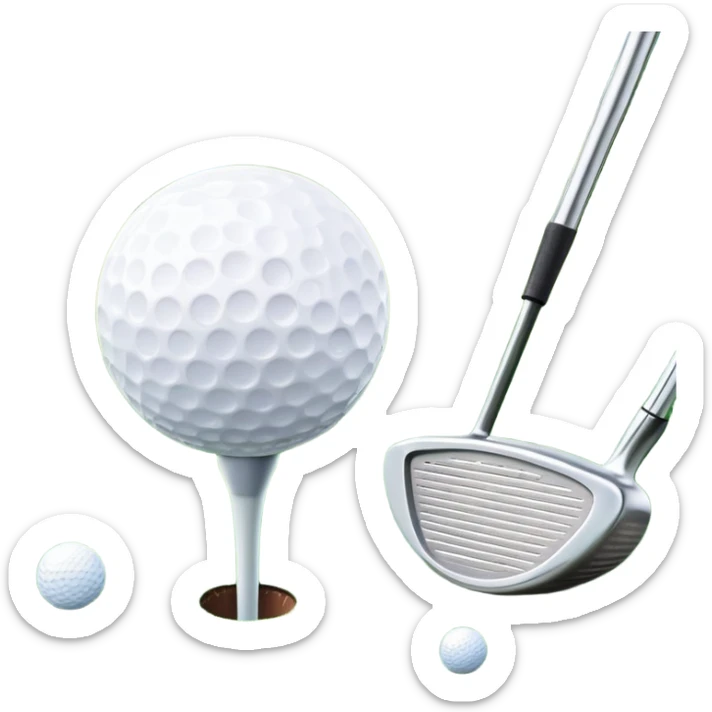 A golf ball on a tee, with a golf club placed beside it on the lush green fairway. The background shows a serene golf course with neatly trimmed grass and a clear blue sky, emphasizing the elegance and precision of the game. sticker