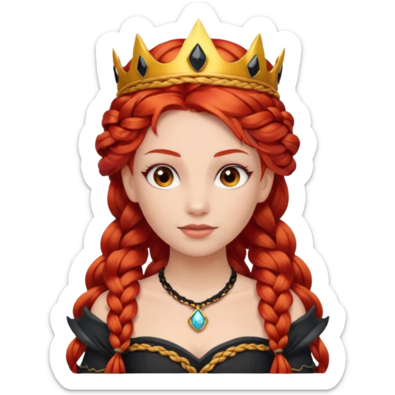 braided hair fire princess with black crown, red hair sticker