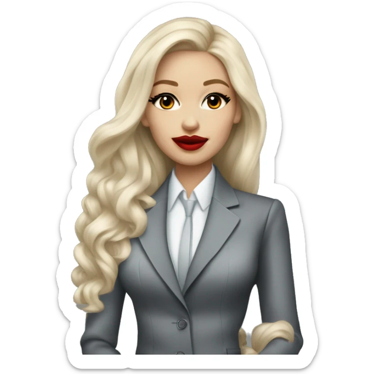 Russian Blonde long hair with big red lips small nose and black eyes Tiffany diamond seller in a grey suit sticker