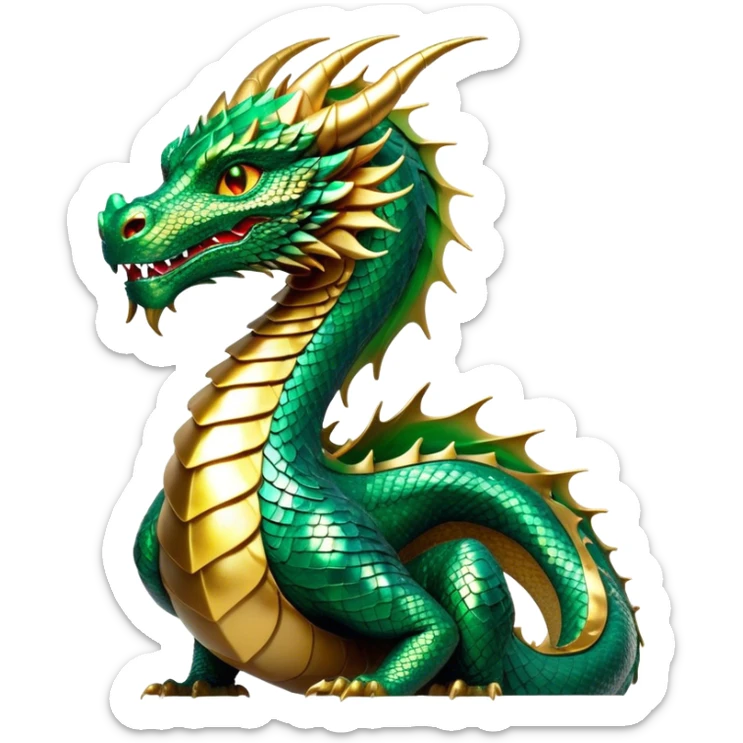 Cinematic Noble Dragon Portrait Emoji, Poised and majestic, with a sinuous, elongated body covered in intricately detailed, shimmering scales in hues of emerald and gold, and piercing, fiery eyes that reflect ancient wisdom; rendered with lifelike texture and natural highlights, high shine, intelligent and formidable, styled with an aura of mythic power, focused and attentive, soft glowing outline, capturing the essence of a legendary dragon that appears ready to soar out of the screen with timeless authority! sticker