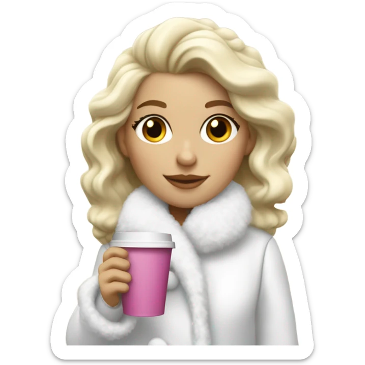 blonde girl wearing white fluffy jacket and a coffee to go in hand all dress white and a white bow on hair sticker