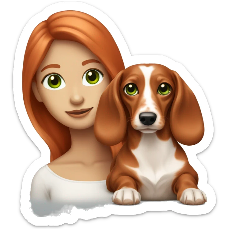 red head women green eyes with her light cream longhair dachshund sticker