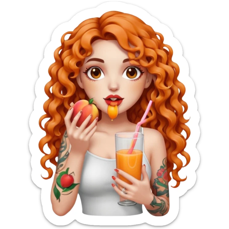 full body woman long curly brown hair brown eyes white skin tattoos holding sliced peach near lips, juice dripping on fingers, playful look sticker