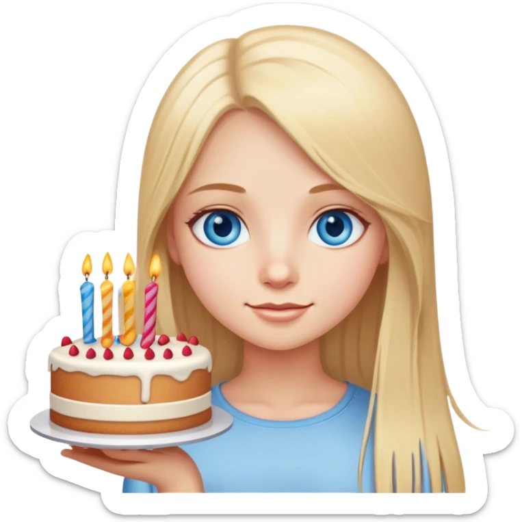 Straight long blonde hair blue eyes girl hold birthday cake sticker