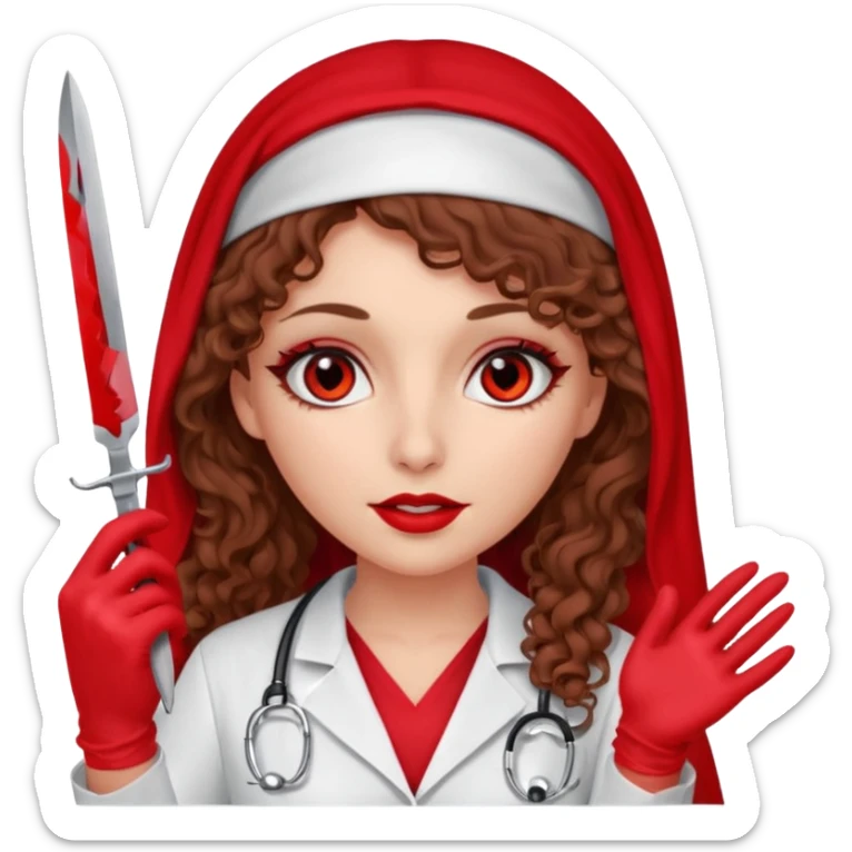 Lilith scalpel in hand, evil surgeon sexy surgeon clothes.  She has red eyes. She brown long curly hair. Wears sexy doctor outfit with red gloves. Wears red burka to hide her mouth and nose sticker