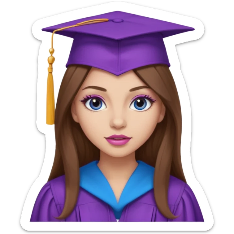 girl with gorgeous long brown hair, blue eyes, long lashes makeup, sexy pink lips, wearing a purple graduation cap and gown sticker