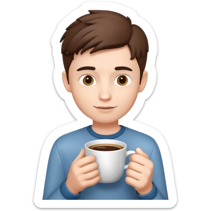 generate realistic detailed boy with cup of coffee in hand in 3d style sticker