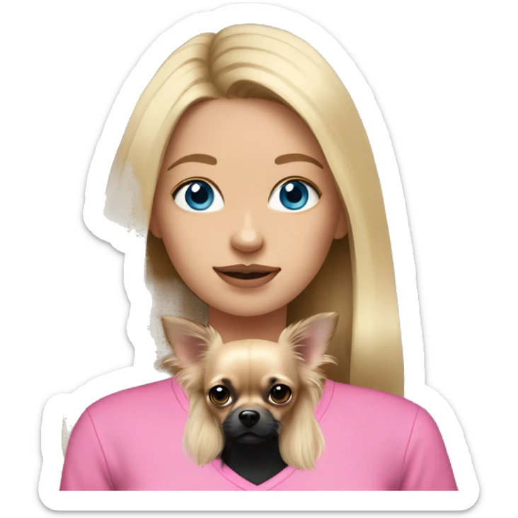 Dirty Blonde haired girl with blue eyes wearing a pink shirt holding a black long hair chihuahua sticker