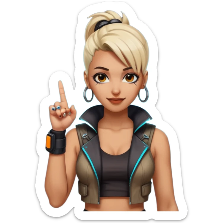 Woman with her tongue out in cyberpunk clothing and giving the middle finger. Looking naughty. sticker