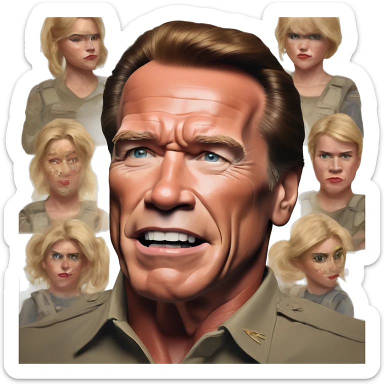 US president Arnold Schwarzenegger in Halo style, oil paint, mysterious eyes, intricate lips, masterpiece pose, odd perspective, beautiful, desirable, logical, midsommar, ikea sticker