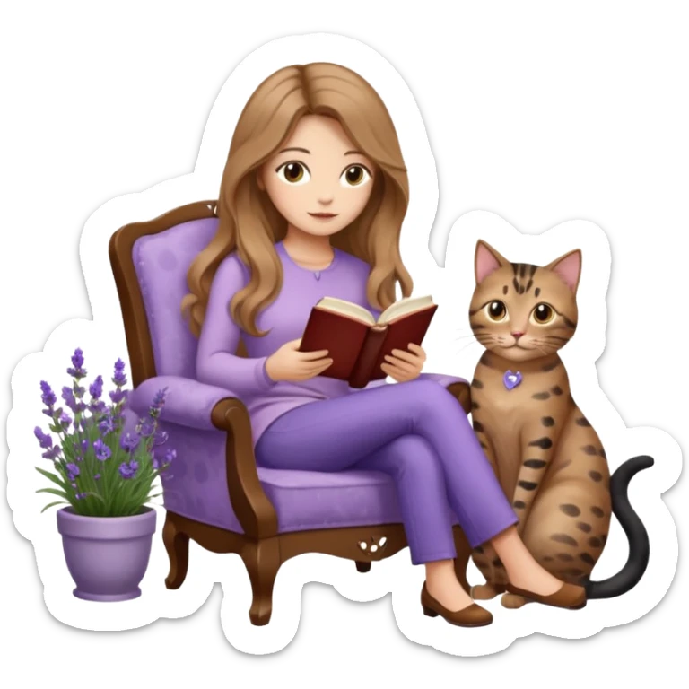 detailed emoji of a woman with long light brown wavy hair and light brown eyes reading a book, sitting on a comfortable reading chair, with a black cat and a brown spotted cat beside her, small table next to the chair with a coffee cup on it, in a garden filled with lavender flowers sticker