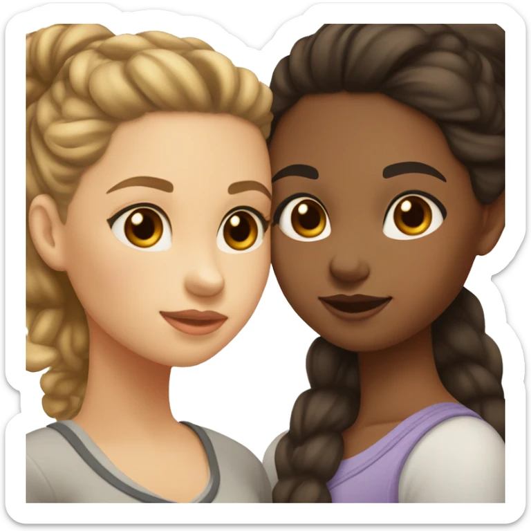 two girls are kissing, one of them has light skin, brown eyes, dark brown hair in a bun, the other has light skin, gray eyes and long brown loose hair sticker