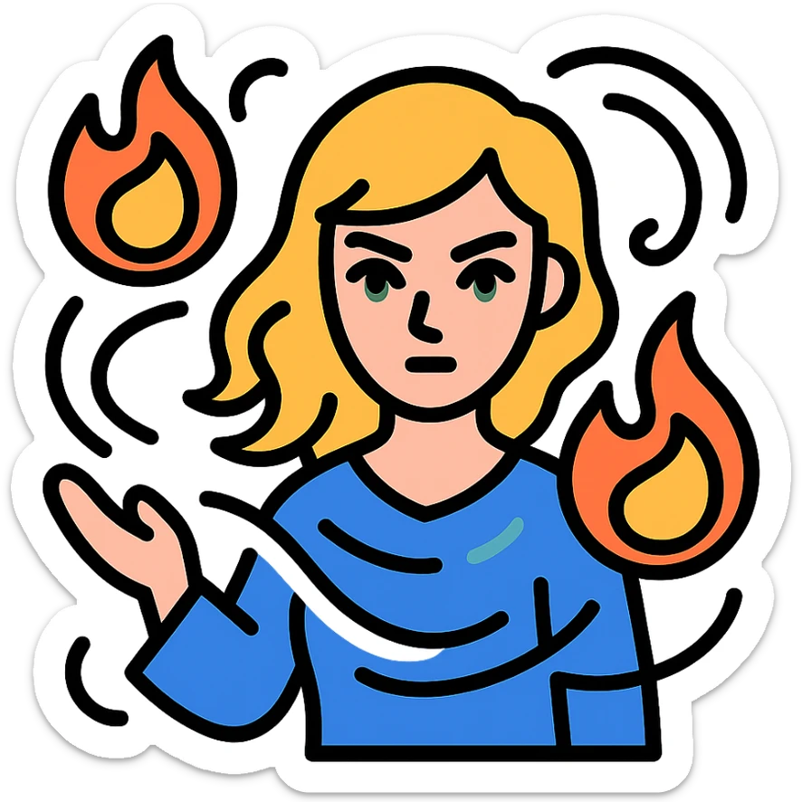 blonde woman with green eyes casting fireballs with magical energy swirling around her, color outline icon style sticker