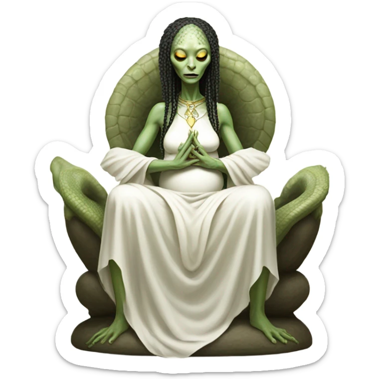 a Reptilian alien woman, pregnant, in meditation, white dress like a priestess sticker