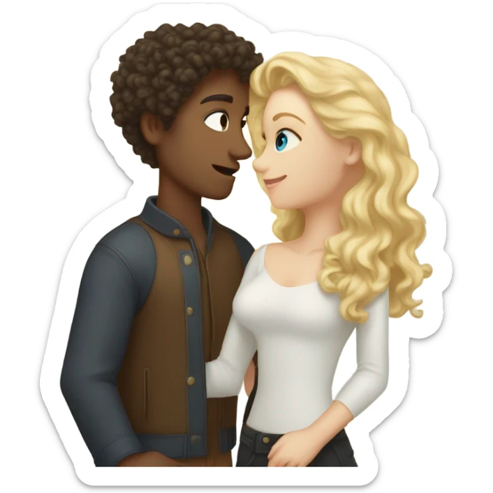 “A fair-skinned girl with blonde hair kissing a tall fair-skinned guy with dark curly hair.” sticker