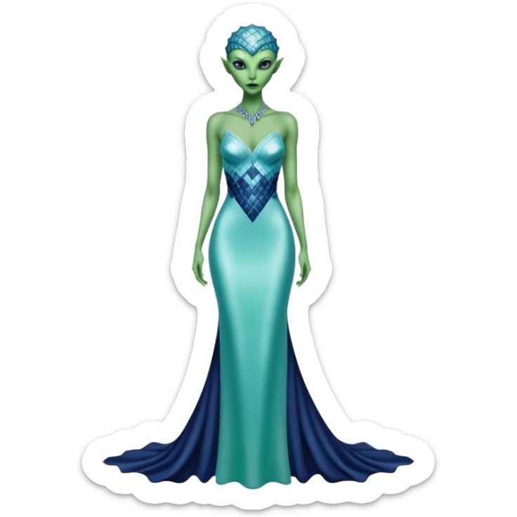 alien reptilian green skin woman, in long slim pastel blue formal party satin dress with gradient shiny sparkling navy blue diamonds embroidered  sticker
