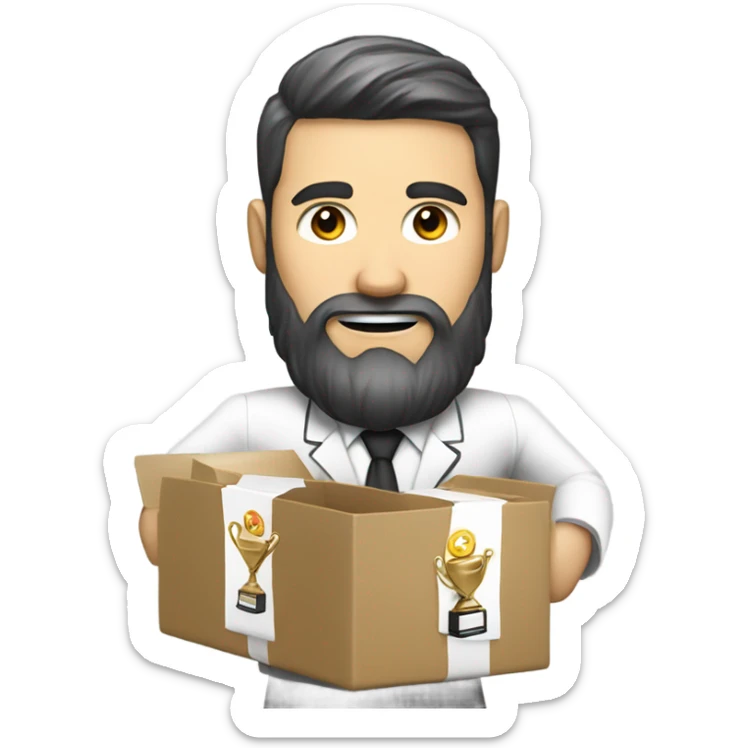 White guy with a beard in a suit getting rid of a very large box of taekwondo trophies sticker