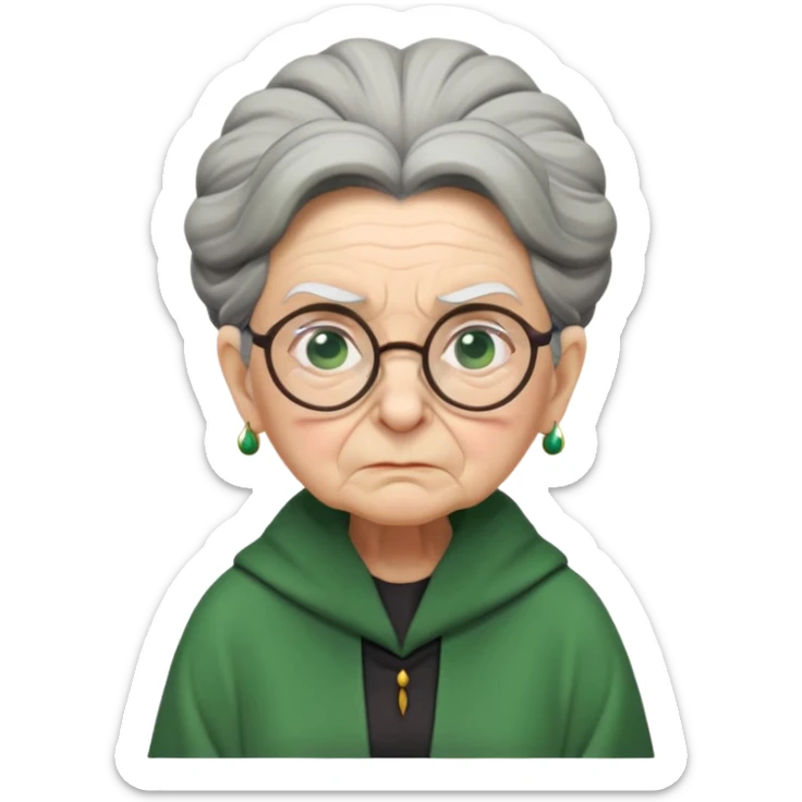Stern elderly witch professor with glasses, tight bun, green robes, frowning with disapproval sticker