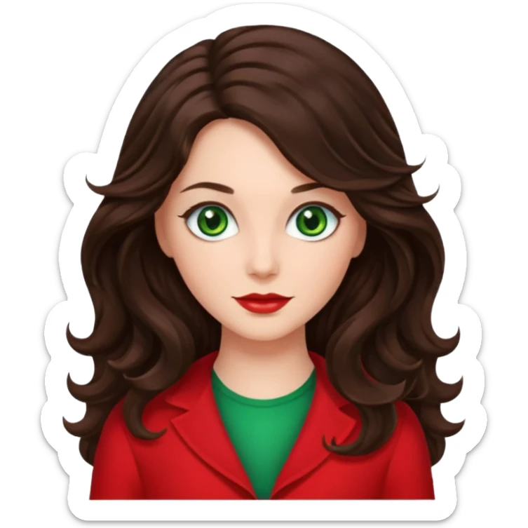 Leslie Bryant from Summer of Fear with long dark brown wavy hair, green eyes, red outfit sticker