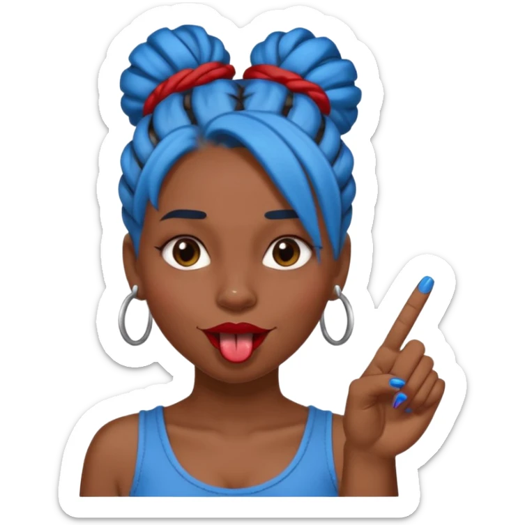 brown girl with blue locs in a bun with tongue out and red nails showing middle finger sticker