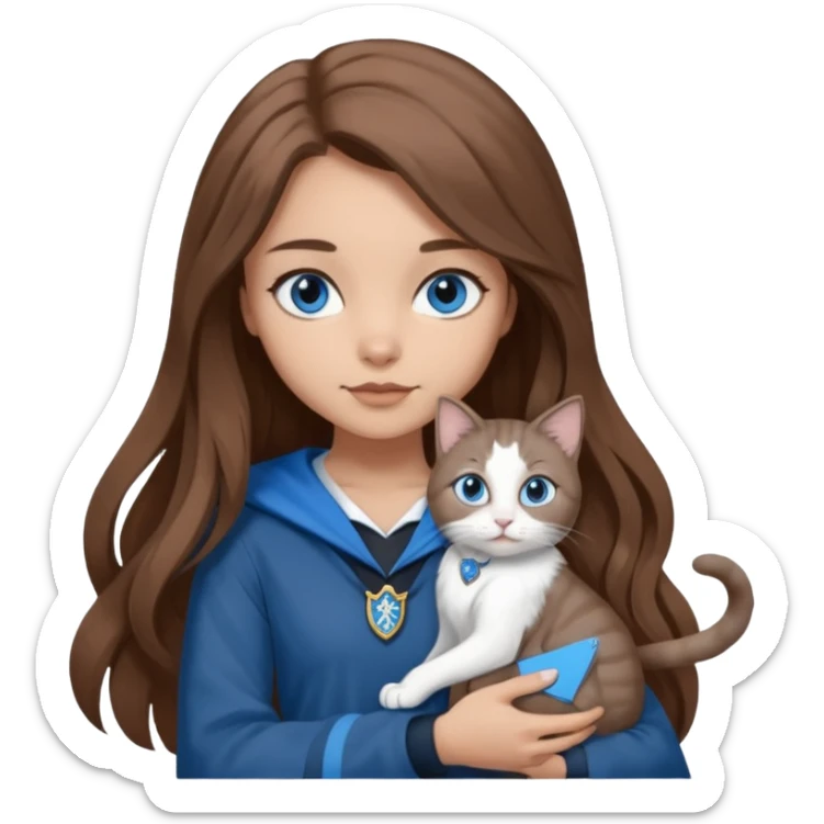 gorgeous Girl with light skin, blue eyes, long brown hair, wears a ravenclaw outfit, with a grey and white cat holding in her arms sticker