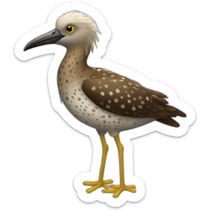 fluffy brown speckled sea bird with white spots and long legs and yellow beak sticker