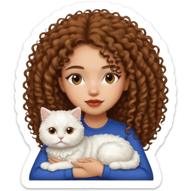 lightskin girl with frizzy curly hair, clean girl makeup, white Persian cat on her lap sticker