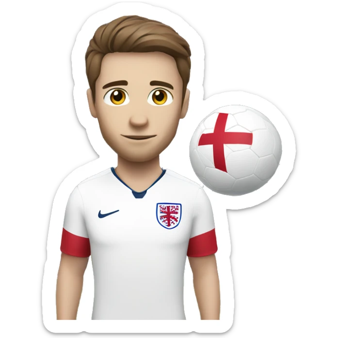 soccer player with white skin, brown hair, and wearing an england kit, holding a football sticker