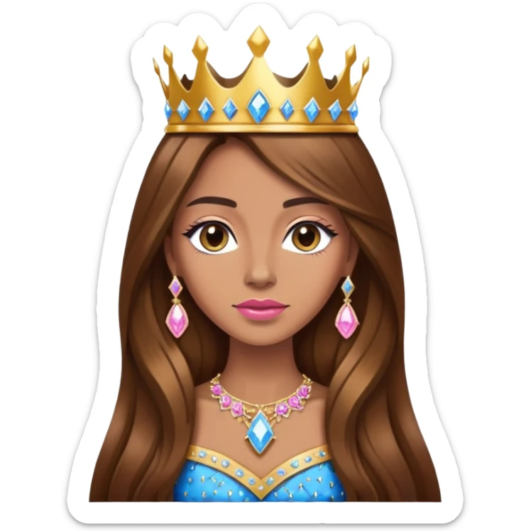 Queen, brown long hair, golden crown encrusted with pink and blue diamonds, black dress sticker