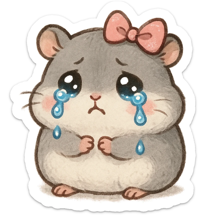 a small, round gray hamster with tears in its eyes and a pink ribbon on its head, cute, expressive style sticker