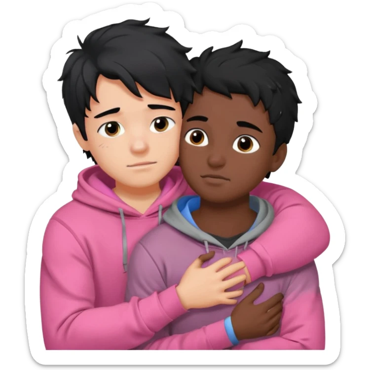 generate a pretty bratz fair skinned boy with messy black hair in a grey hoodie. Hugging his girlfriend who is wearing pink. Make him muscled sticker
