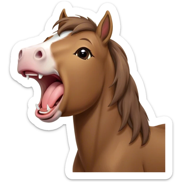 Cinematic Cute Yawning Brown Welsh Pony Portrait Emoji, Head tilted slightly with a dramatic, wide-open yawn, showcasing a sturdy, brown-colored form with softly drooping ears and sleepy, half-closed eyes, Simplified yet irresistibly adorable features, highly detailed, glowing with a soft, cozy earthy glow, high shine, relaxed yet expressive, stylized with a dash of rustic charm, soft glowing outline, capturing the essence of a drowsy yet affectionate brown Welsh pony that appears ready to stretch and yawn its way off the screen! sticker