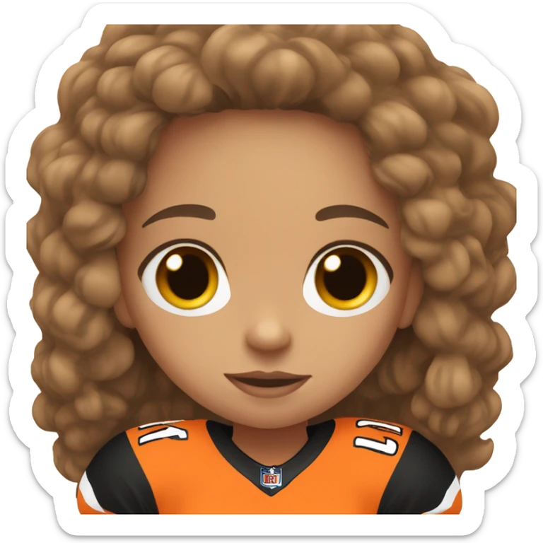 Girl with long brown hair, light skin, wearing orange and black Bengals football jersey sticker