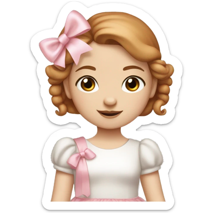 Little Girl with White skin, blue eyes. Light brown and red hair in two ponytails, with light pink bows.  She is wearing a light pink and White dress, standing and holding a teddybear with a pink bow. sticker