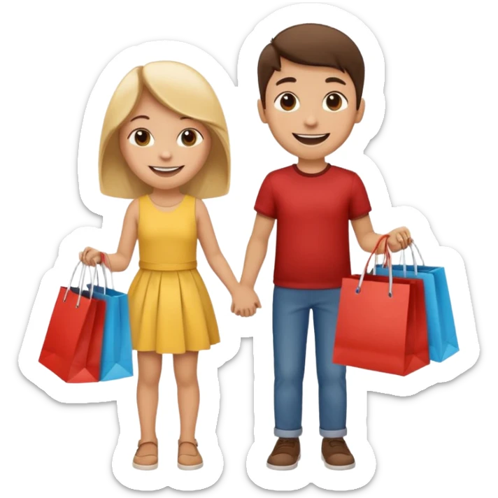 HAPPY SMILEY FACE BOY AND GIRL WITH HANDS AND FEET EMOJI WITH SHOPPING BAGS IN EACH HAND sticker