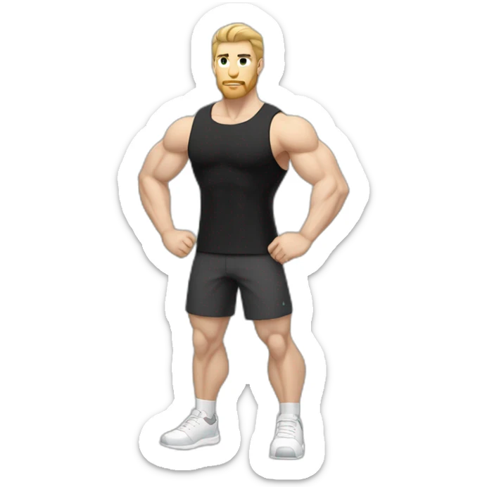 Pale skinned Fit Man With the biceps and dark brown hair in black shirt, gray sports shorts and white Sneakers sticker