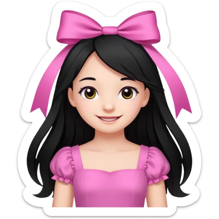 A cute girl, long black hair with 🎀, black eyes, wearing a pink dress  sticker