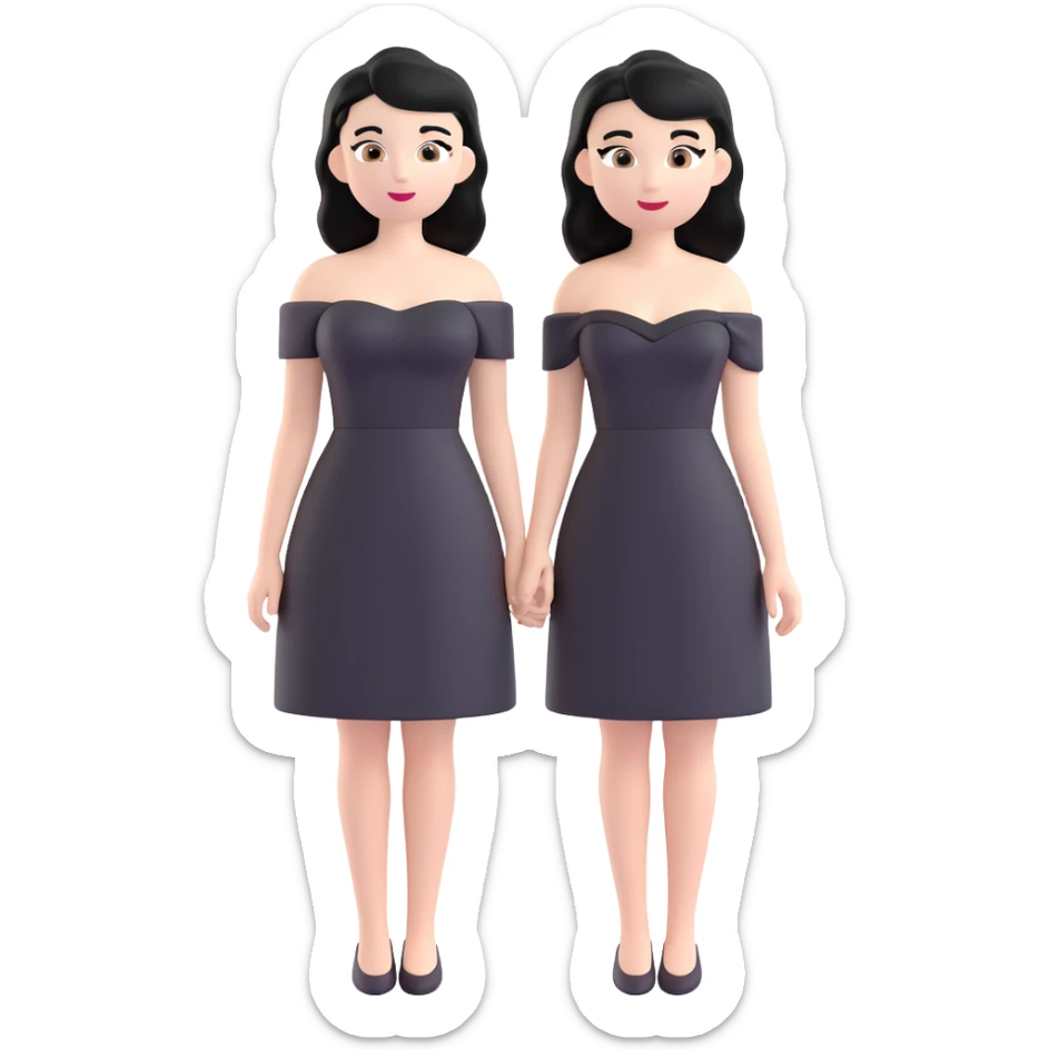 woman with black hair, black off-shoulder dress, white skin, 3d emoji style sticker